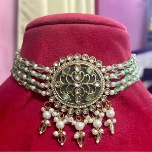 House Of RuSa Green Pendant ;Pearl & Stones finely handcrafted necklace
